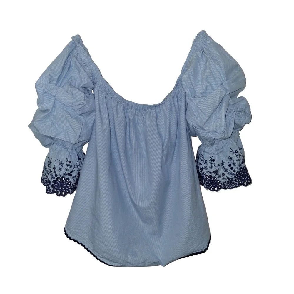 Zara Basic Blue Pinstripe Off Shoulder Embroidered Puff Sleeve Blouse Small